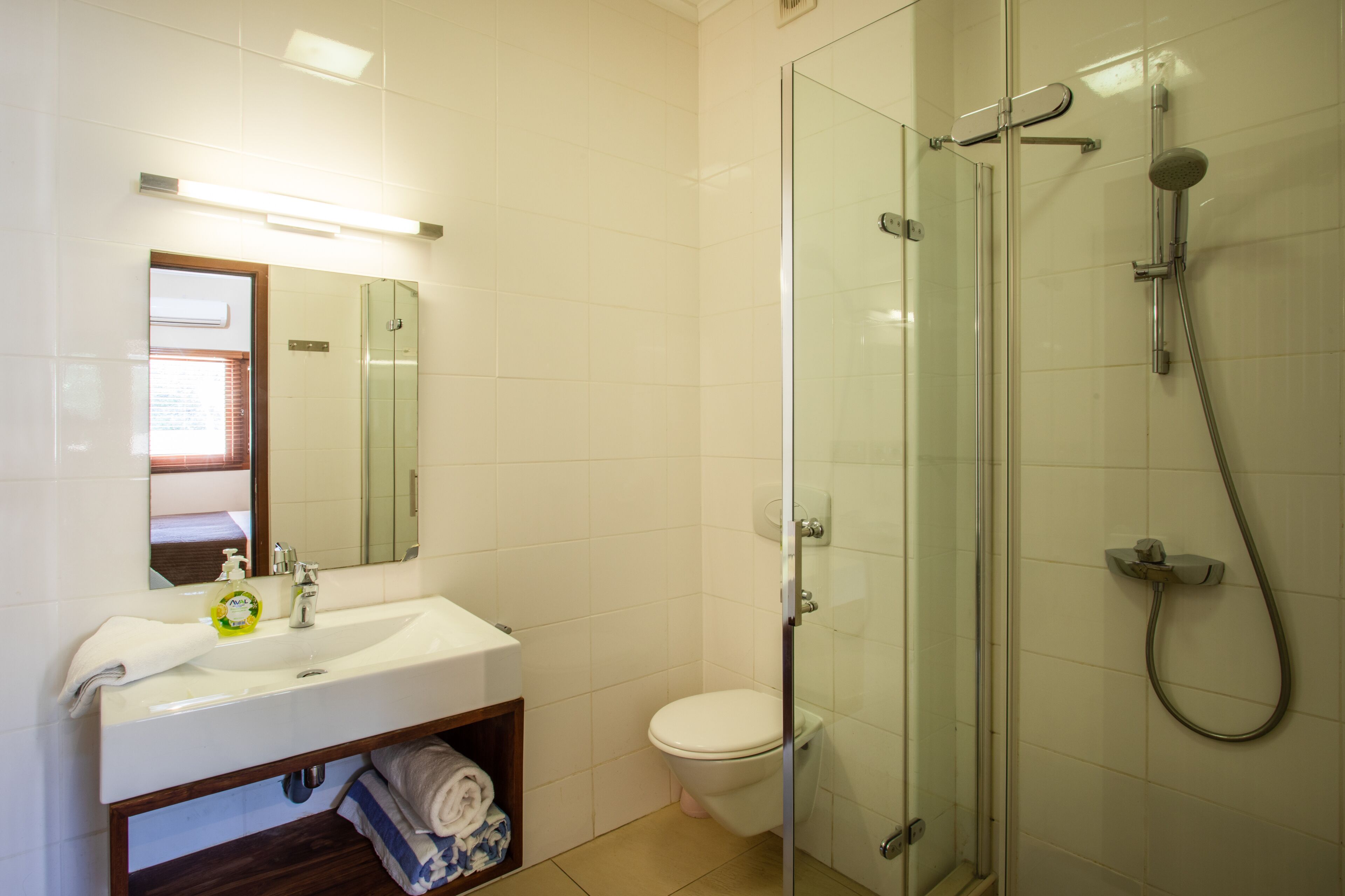 A bathroom with a glass-enclosed shower, a white sink, and a toilet.