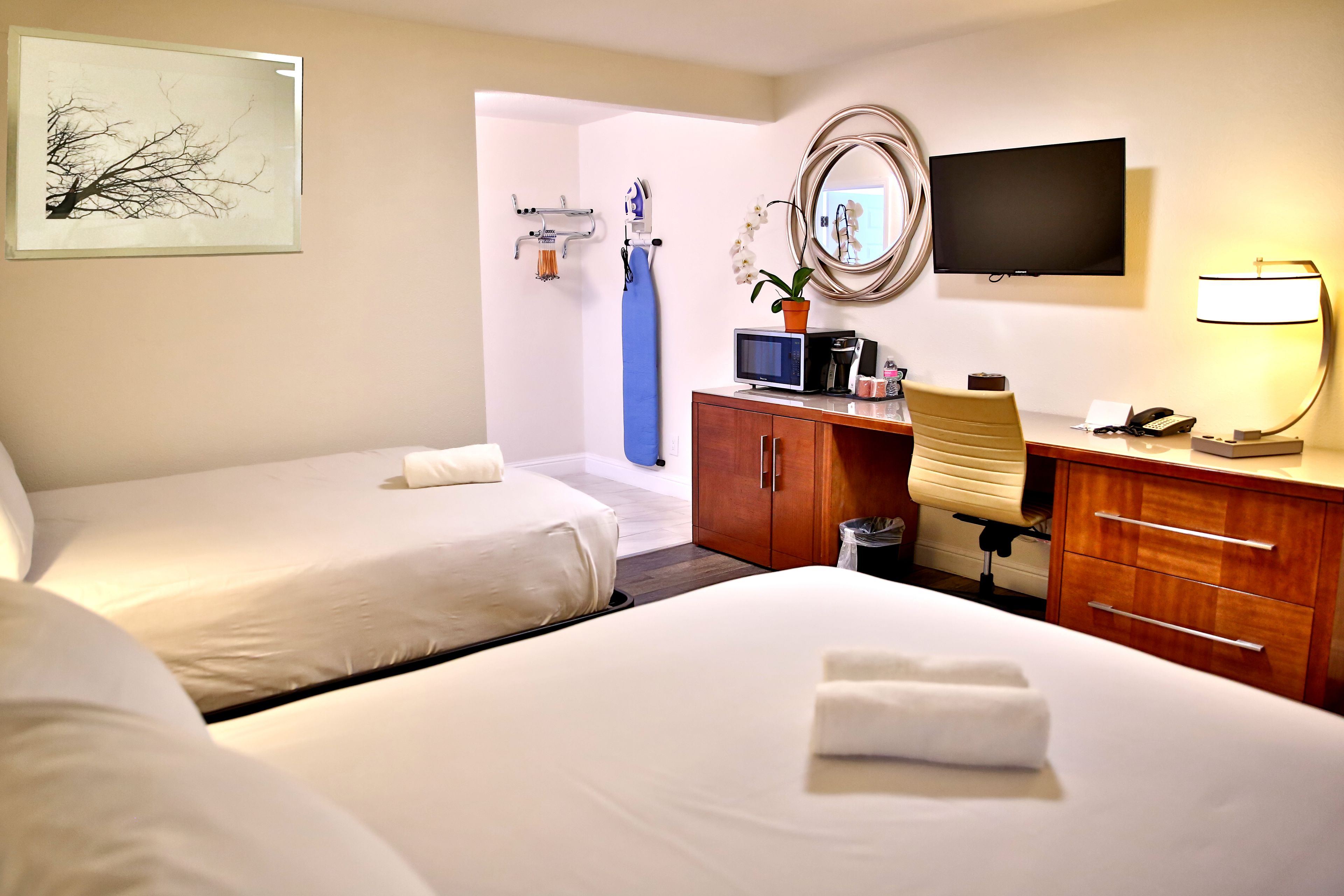 Combined shower/tub, free toiletries, hair dryer, towels