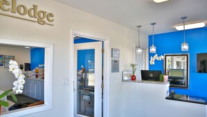 A reception area with a blue accent wall, a reception desk with a laptop, a plant, and a sign above the door. - Travelodge by Wyndham Crescent City (Crescent City)