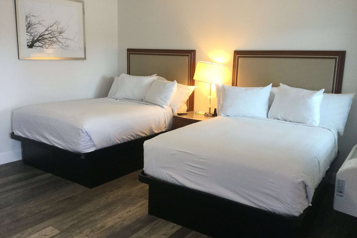 Deux lits simples avec des têtes de lit en bois et du linge de lit blanc, une table de chevet avec une lampe et un tableau encadré au mur.
