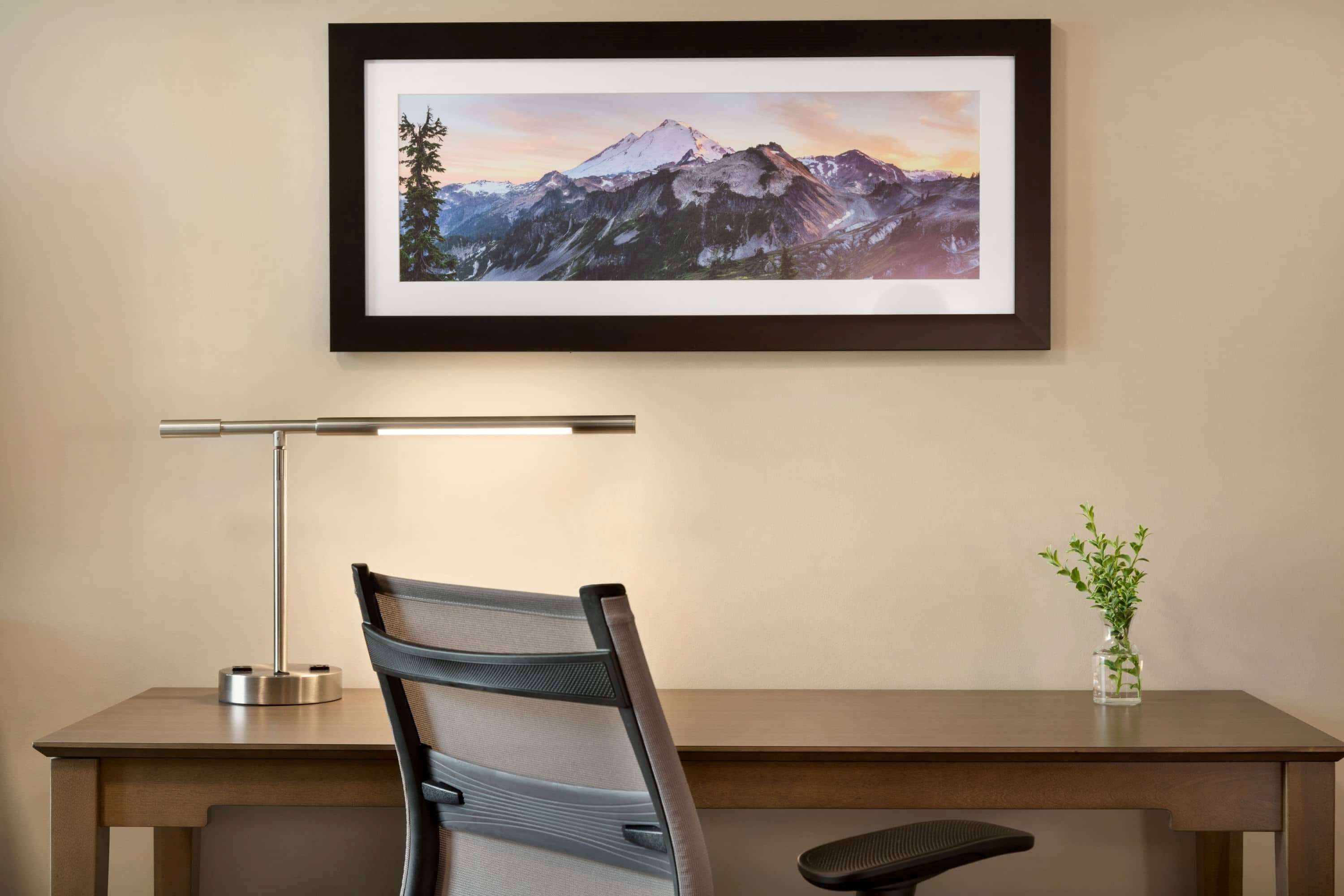 desk, laptop workspace, blackout curtains, iron/ironing board