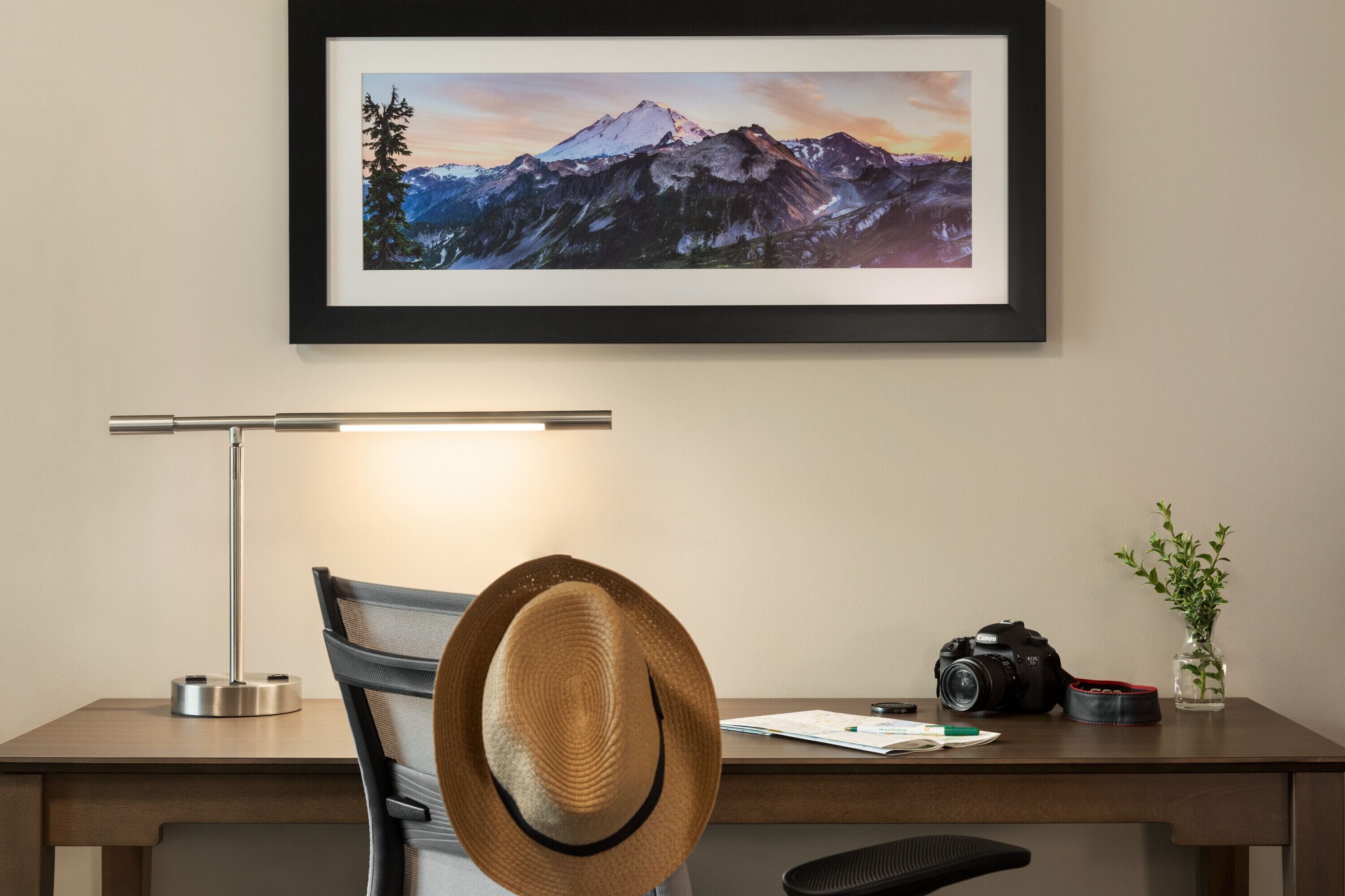 desk, laptop workspace, blackout curtains, iron/ironing board