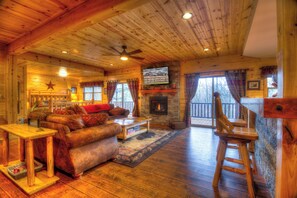 Smart TV, fireplace, books