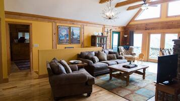 Smart TV, fireplace, books, printers