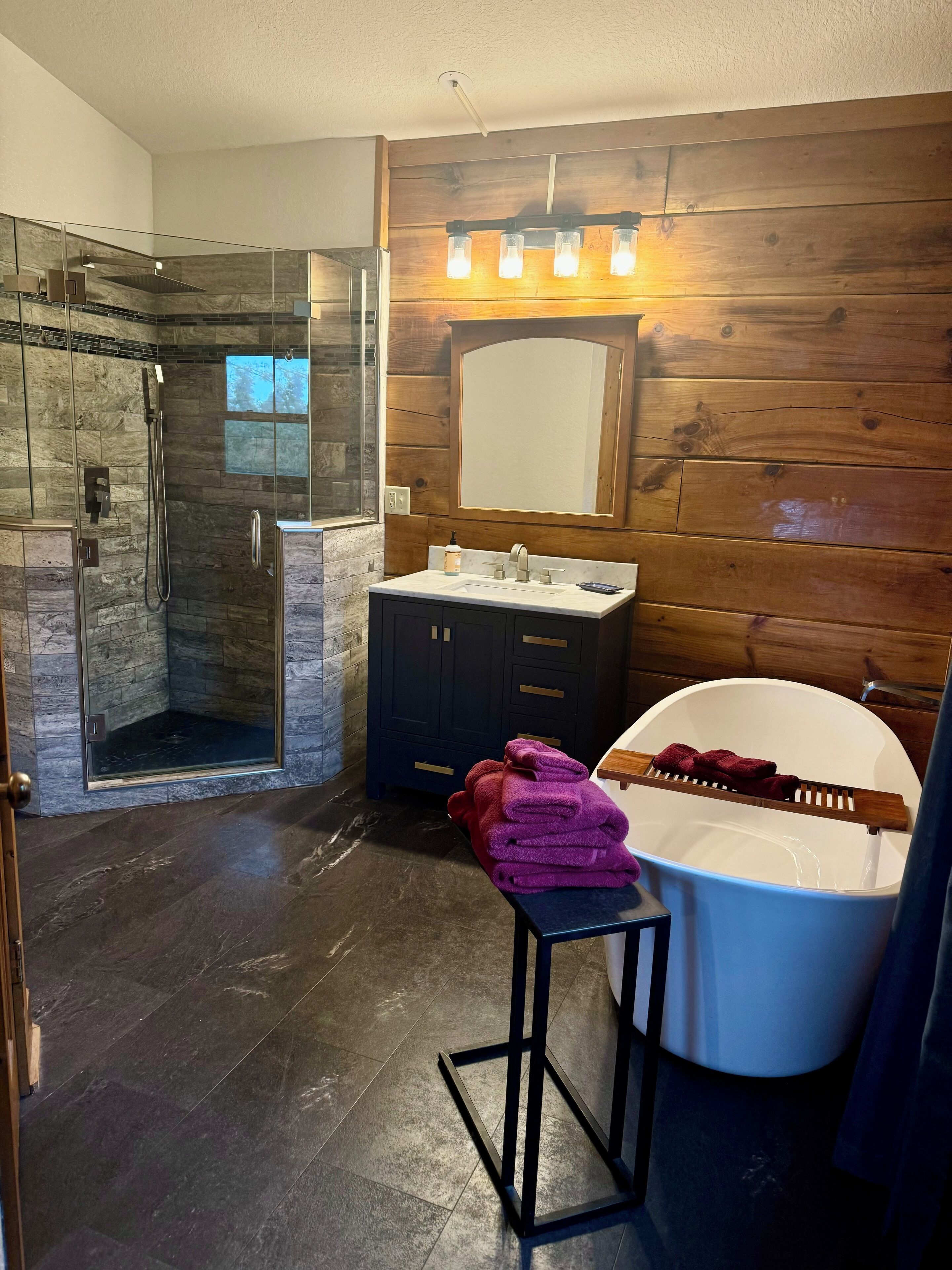 Bathtub, hair dryer, towels, soap