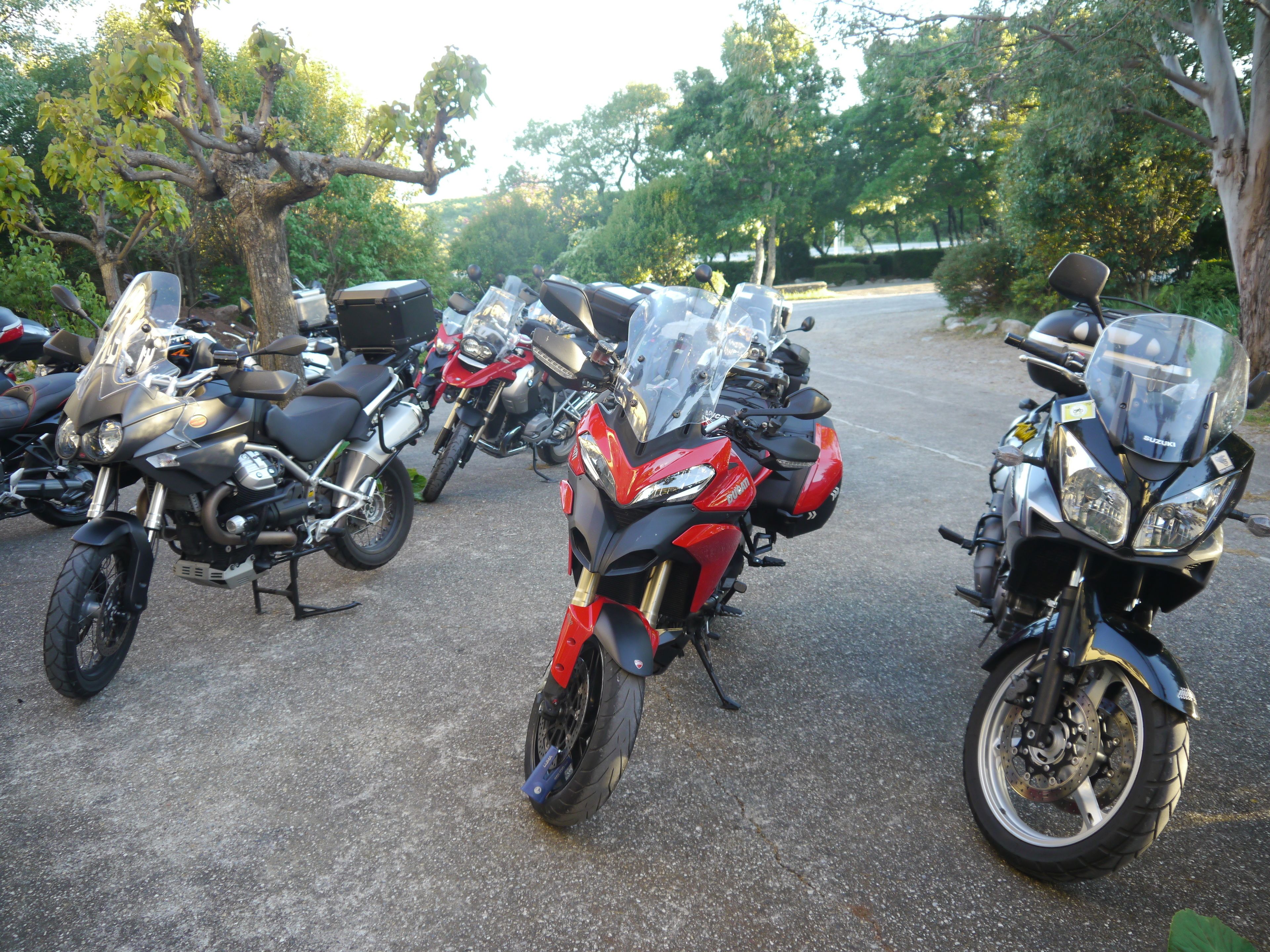 Una hilera de motocicletas estacionadas en un estacionamiento, con árboles al fondo.