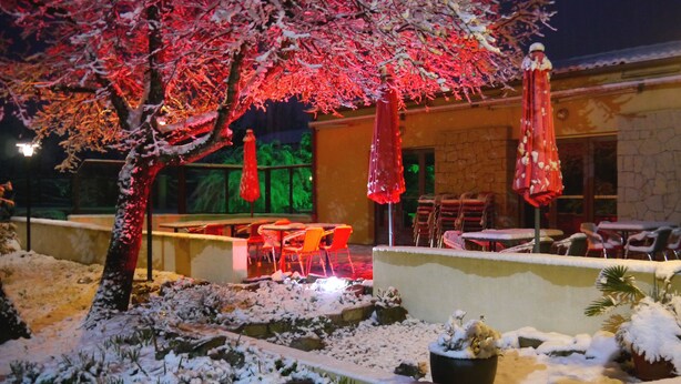 An outdoor seating area with tables and chairs, a stone wall, and a tree with red lighting. - Hotel Les Persedes Sud Ardeche (Lavilledieu)