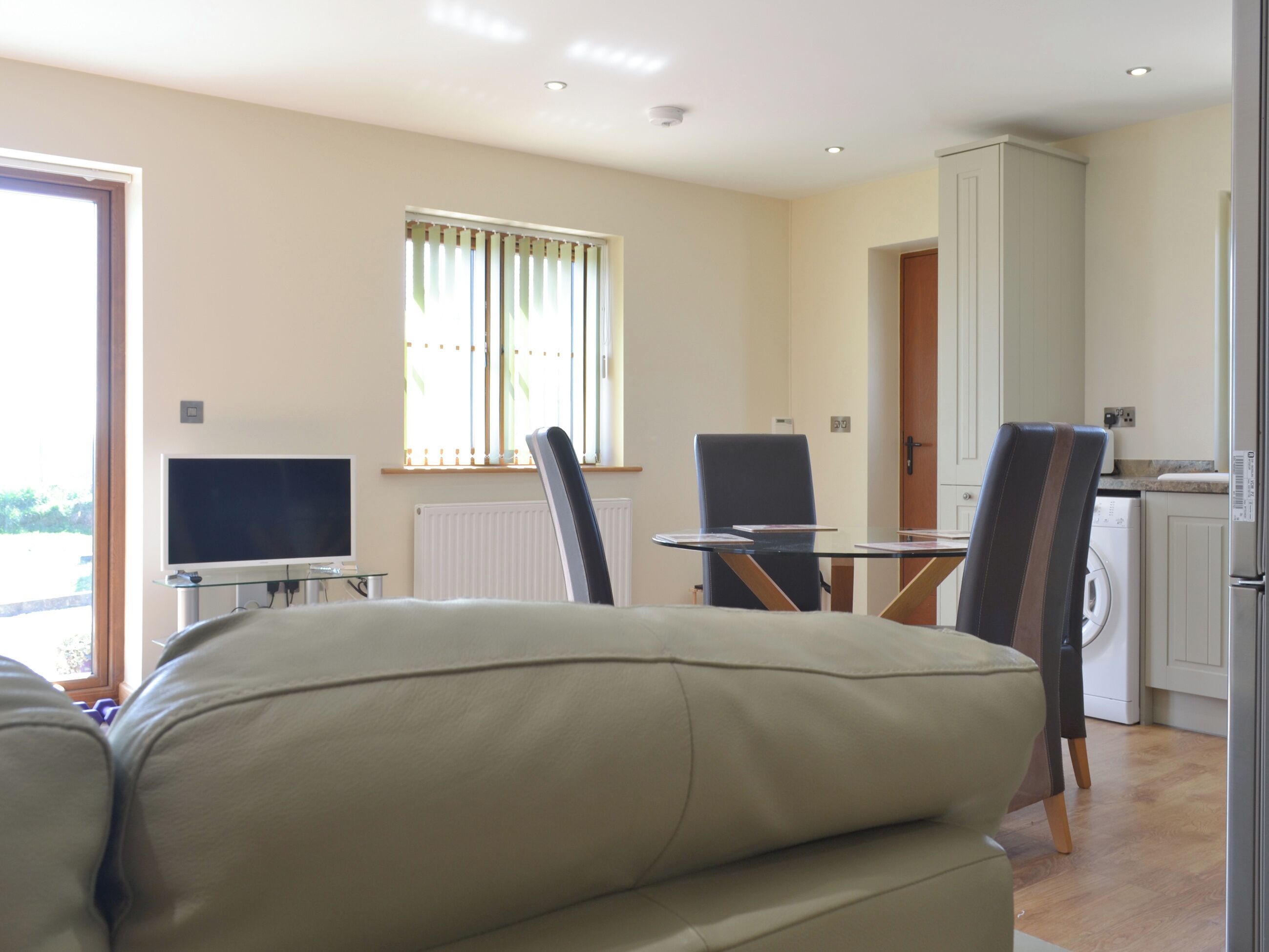 A living room with a sofa, a TV, and a dining area with chairs and a table.