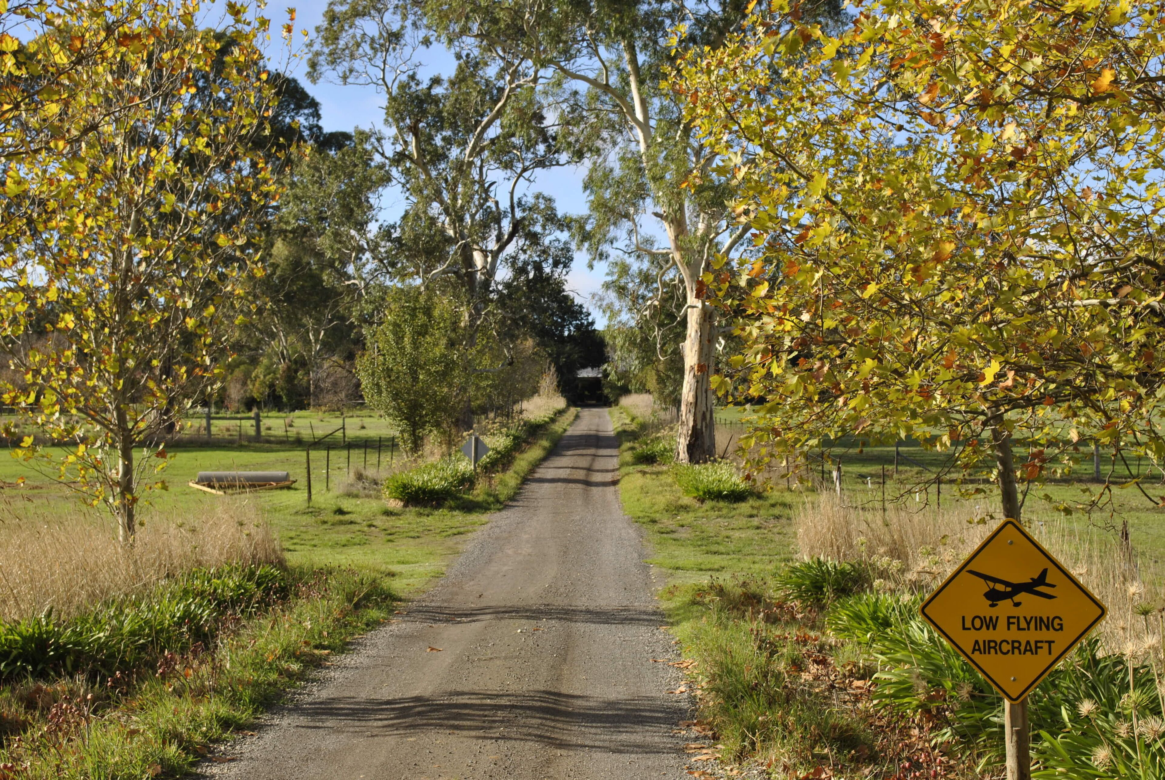 A rural road with a 'Low Flying Aircraft' warning sign.