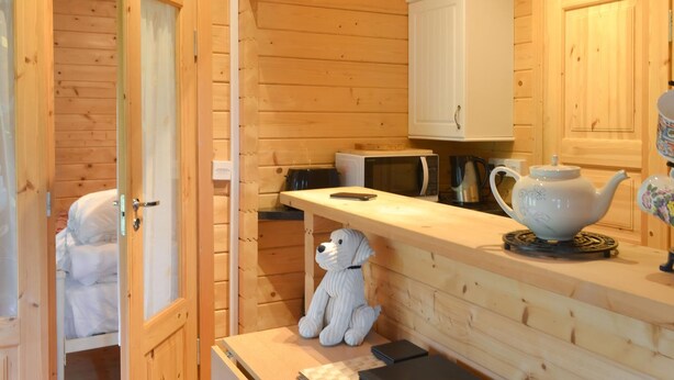 L’intérieur d’une cabane en bois comprend un coin cuisine, un meuble blanc, un four à micro-ondes, une bouilloire, un ours en peluche et une horloge murale.