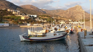 Un puerto con barcos amarrados, una montaña al fondo y edificios a lo largo del paseo marítimo.