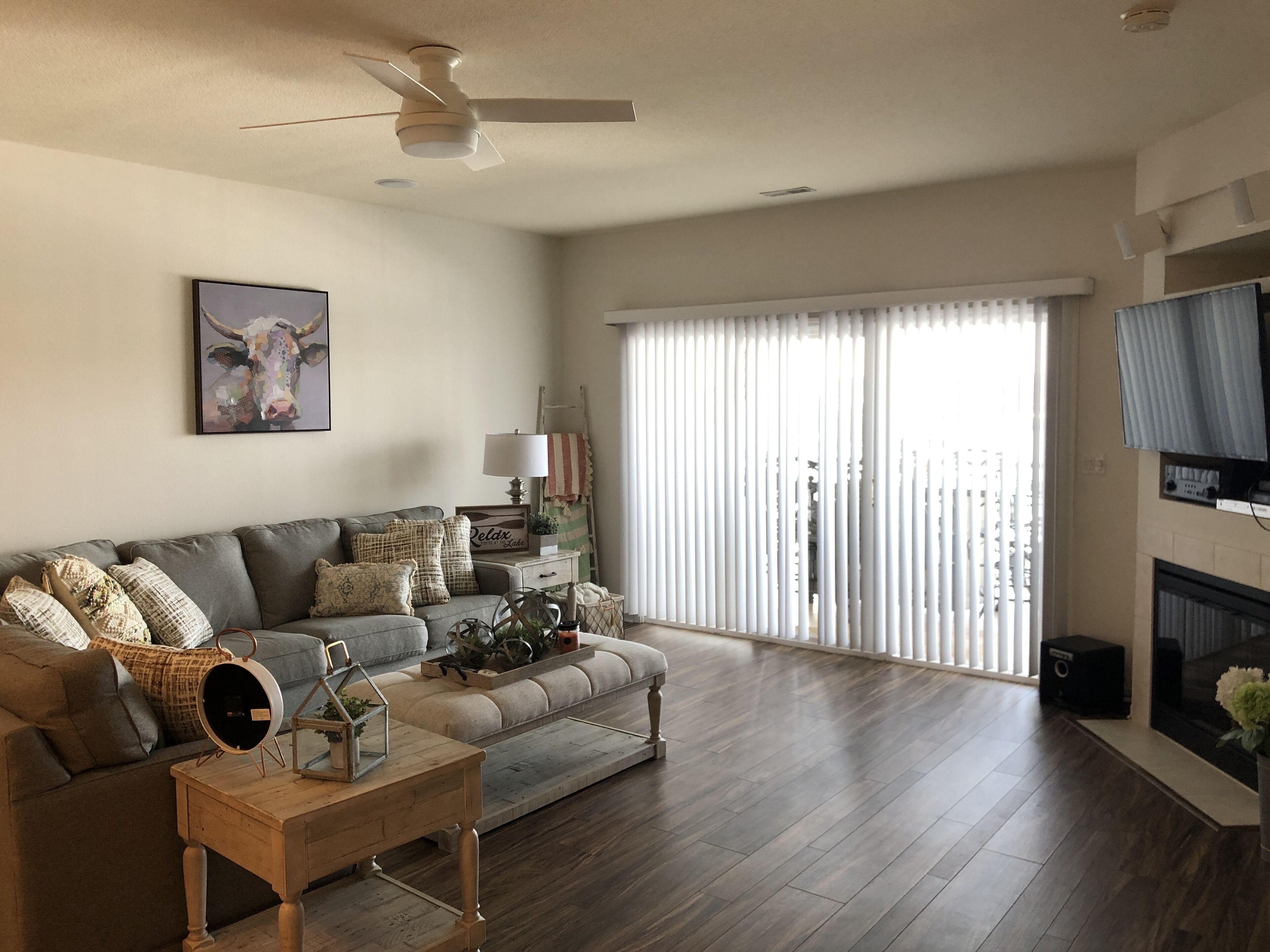 Smart TV, fireplace, DVD player, stereo