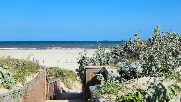 A beach view with a wooden structure leading to a sandy area.