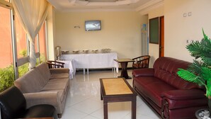 A hotel room with a sofa, a table, a TV, and a plant. - Cityana Guest House (Addis Ababa)
