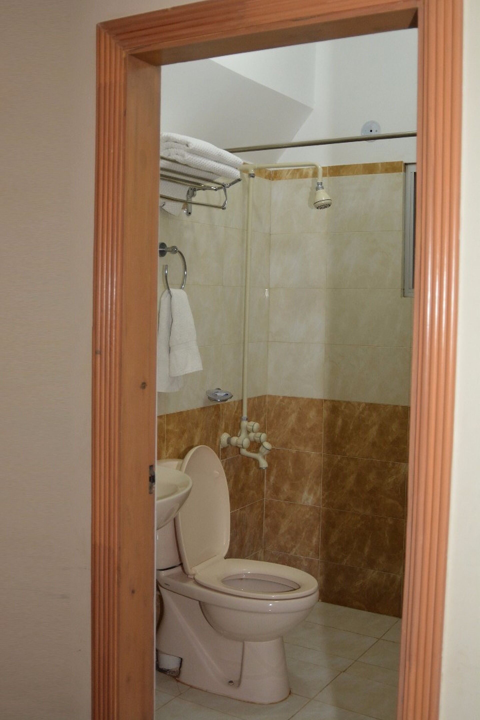 A bathroom with a toilet, a shower, and a sink.