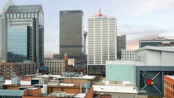 A cityscape with a variety of buildings, including a prominent Central Bank building with a red roof and a large red bird logo on a building in the foreground.