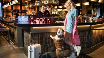 A bar with a neon sign, a dog, and a person standing at the counter.