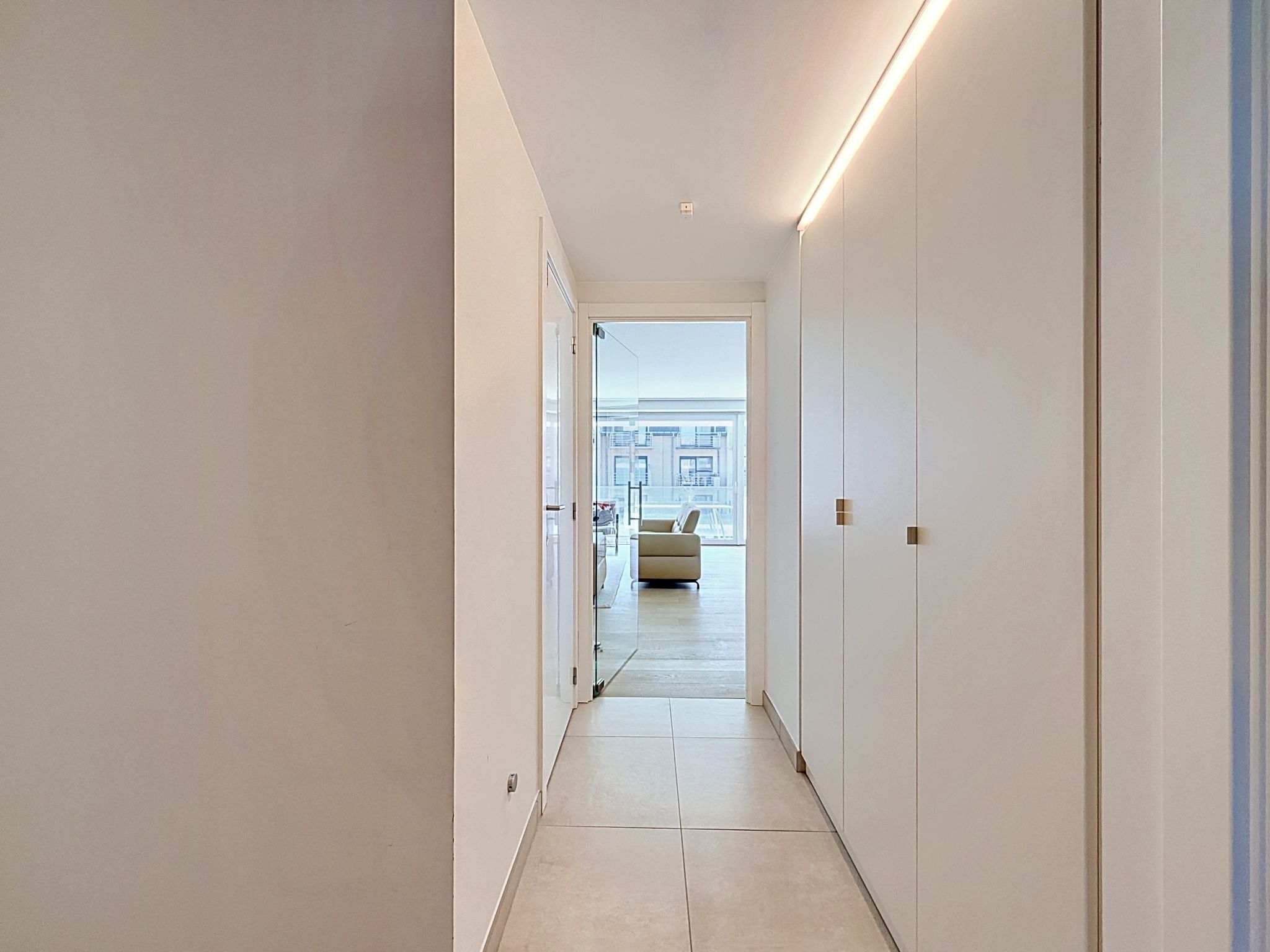 A modern hallway with a view to a living area, featuring a sofa and a glass door leading outside.