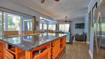 Fridge, microwave, dishwasher, cookware/dishes/utensils