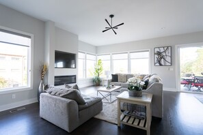 Smart TV, fireplace, books