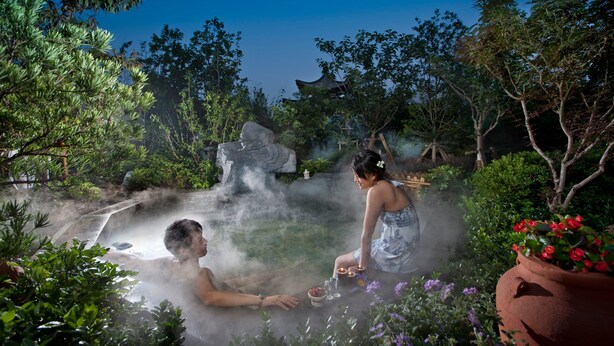 A hot spring area with a stone structure, lush greenery, and a traditional building in the background. - Nanjing Greenland Yuhao Hot Spring Hotel (Nanjing)