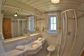Shower, hair dryer, bathrobes, towels