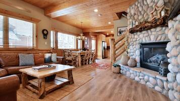 Télévision, cheminée, chaîne hi-fi