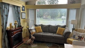A living room with a fireplace, a sofa, a dog, and a view of the outdoors through large windows. - Mountain Frog Cabin - A.C./Sleeps 2/Hot Tub - 30 min. from Rainier/Skiing (Packwood)