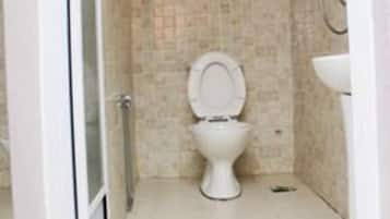 Regadera, toallas, jabón, papel de baño