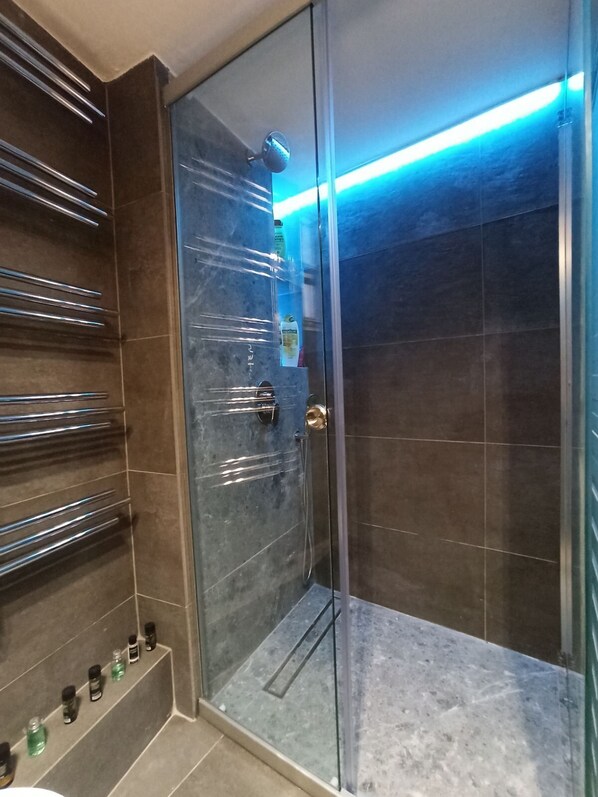 Combined shower/tub, hair dryer, towels, soap