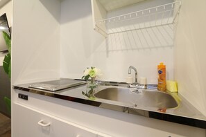 A kitchen with a stainless steel sink, a dish drying rack, and a small potted plant. - Elizabeth Garden Kuromon (Osaka)
