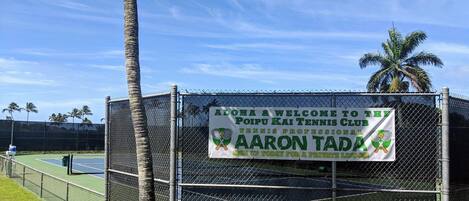 Una cancha de tenis con un cartel que anuncia una clase particular impartida por Aaron Tada.