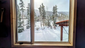 A window with a view of a snowy landscape, including trees and a building. - Custom Keystone Retreat – Summer Events/Hot Tub (Keystone)