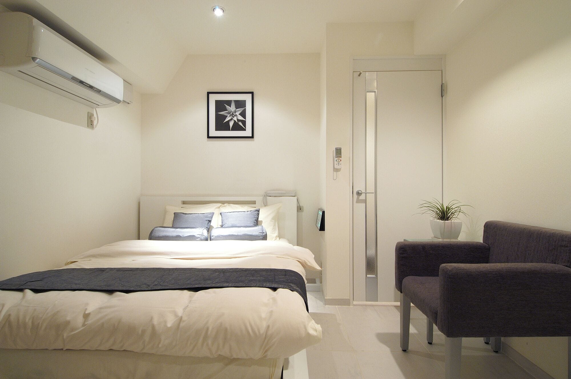 A hotel room with a bed, a chair, a potted plant, a wall-mounted phone, and an air conditioning unit.