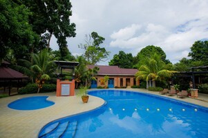 Outdoor pool, open 8:00 AM to 8:00 PM, sun loungers