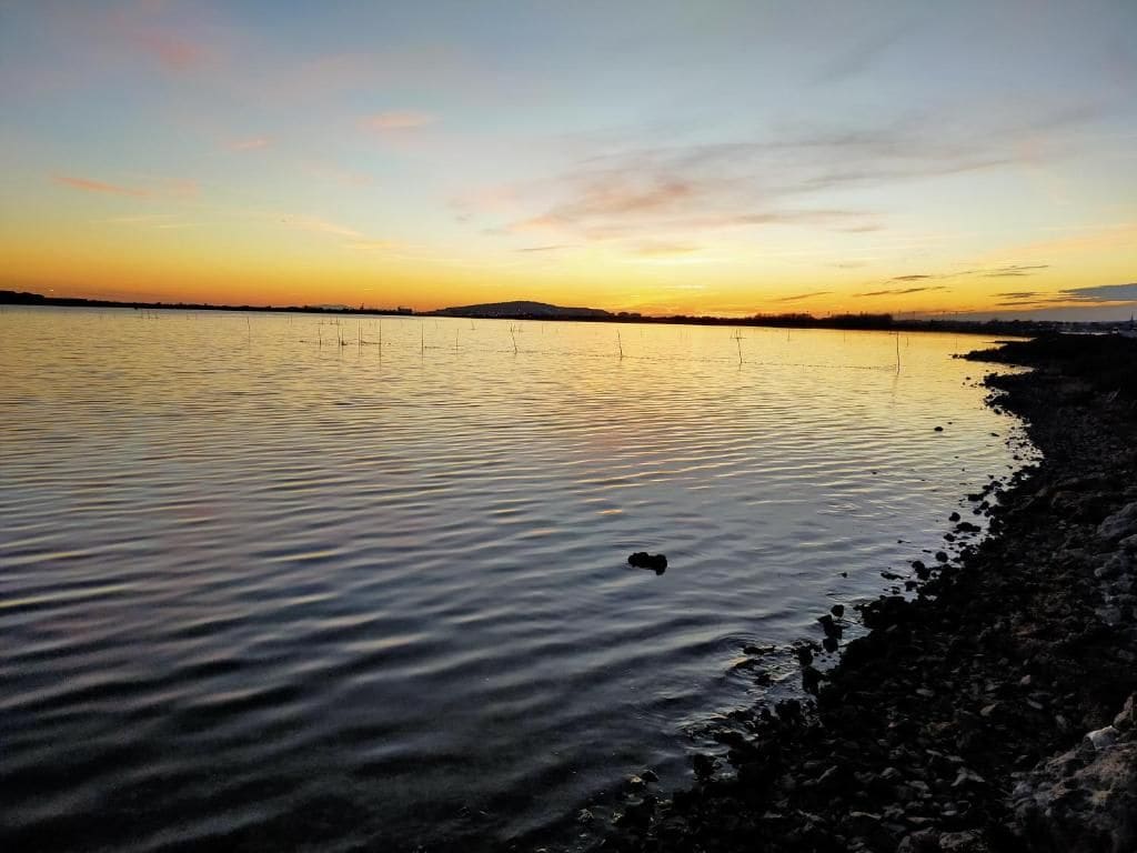 A calm body of water during sunset with a rocky shoreline.