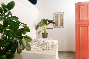 A room with a white wall, a potted plant, a wooden shutter, and a red door. - Ether Loft Suites (Athens)