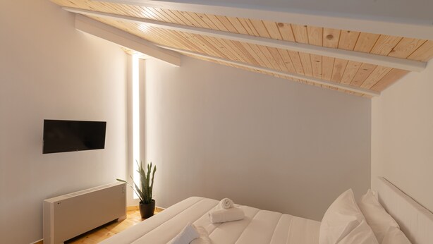 Un dormitorio moderno con techo de madera, un televisor de pantalla plana en la pared, un radiador, una planta en maceta y camas bien hechas.