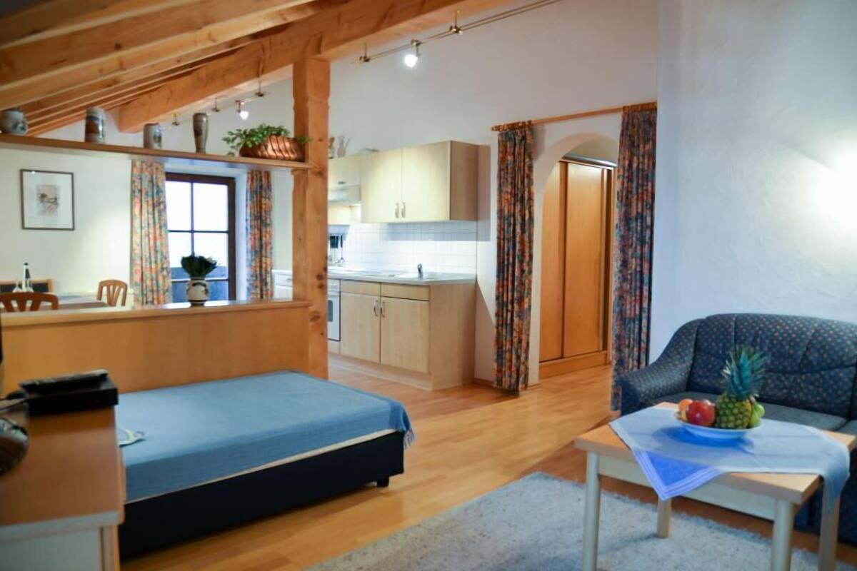 A compact living space with a kitchenette, a dining area, and a sofa.