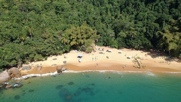 An aerial view of a beach with clear turquoise waters, surrounded by dense green forest. - Beautiful new apartment! (Ubatuba)
