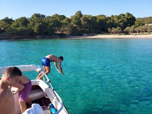 A boat with clear blue water, a person diving into the water, and a beach with trees in the background.