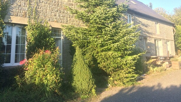 Un bâtiment en pierre avec un toit en pente, un grand arbre à feuilles persistantes devant et une allée gravillonnée.