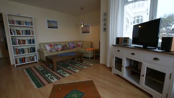 Een televisie, een dvd-speler, boeken en een stereo