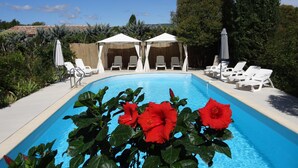 A swimming pool with white lounge chairs and umbrellas, surrounded by greenery and a clear sky. - Charming cottage with pool, fountains, mill, park and plane trees (Apt)