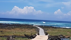 A coastal path leading to the ocean with a clear sky and waves crashing onto the shore.