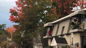 A residential building with a balcony and a red-leaved tree in the background.