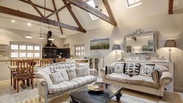 Smart TV, fireplace, DVD player, books