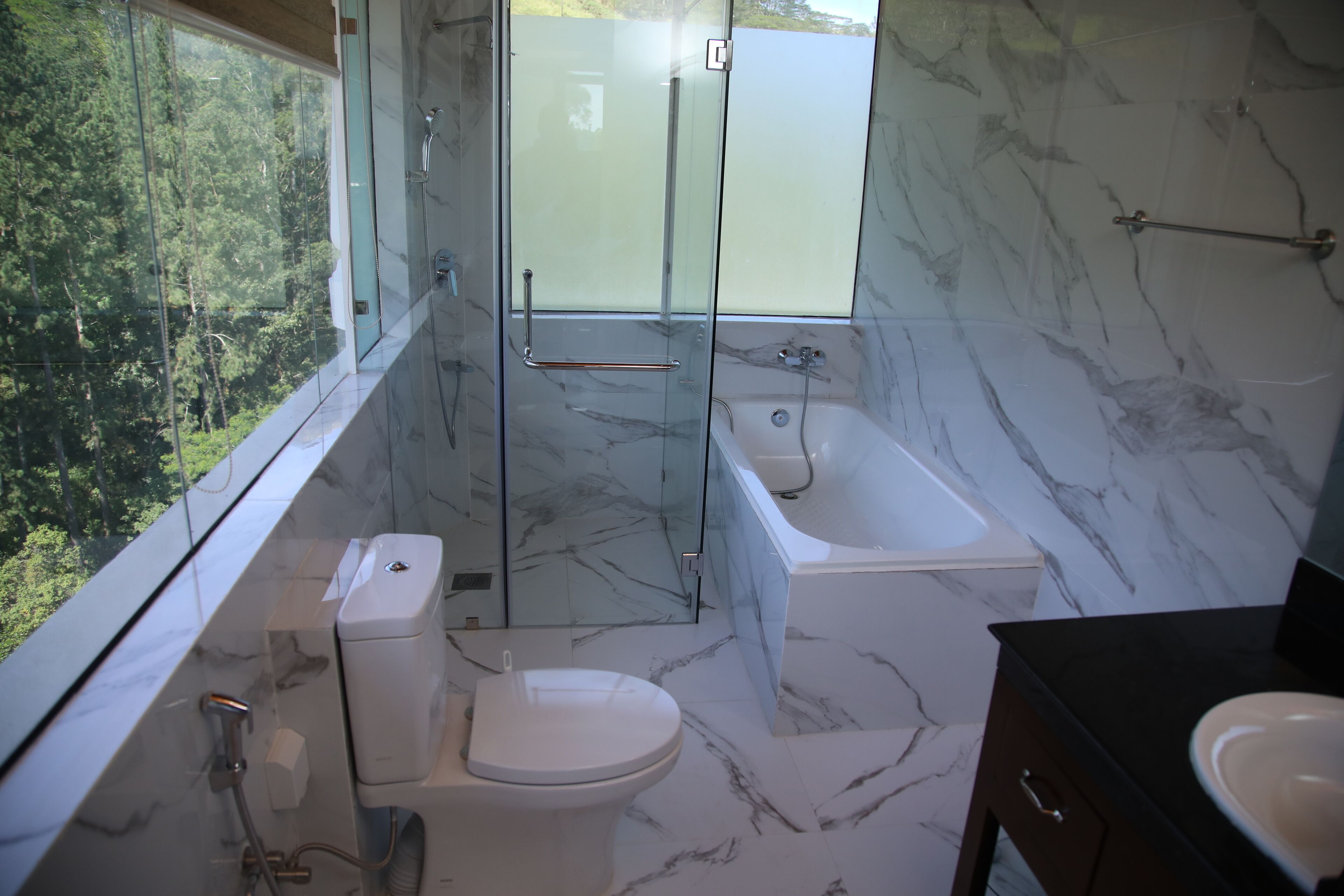 A modern bathroom with a glass-enclosed shower, a bathtub, and a toilet.