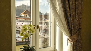 Une fenêtre avec un pot de fleurs et une vue sur les bâtiments à l’extérieur.