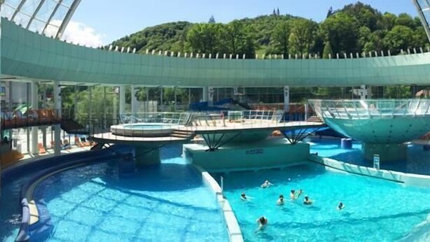 A large indoor swimming pool with multiple sections and a glass ceiling. - Villa Home & Garden Lasko (Lasko)
